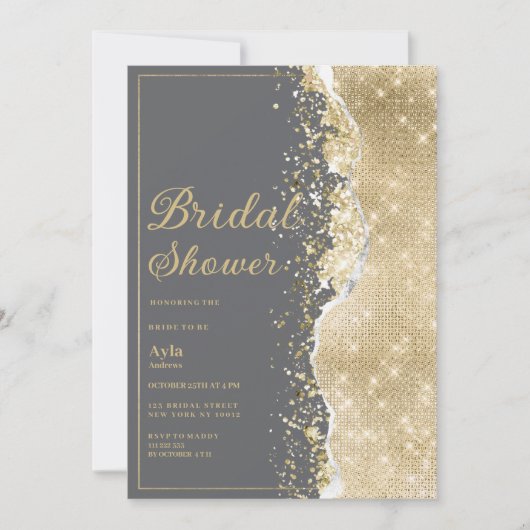 Luxury grey gold glitter classy Bridal Shower 招待状 (正面)