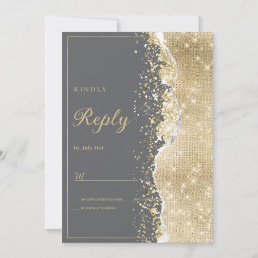 Luxury grey gold glitter classy RSVP  招待状 (正面)