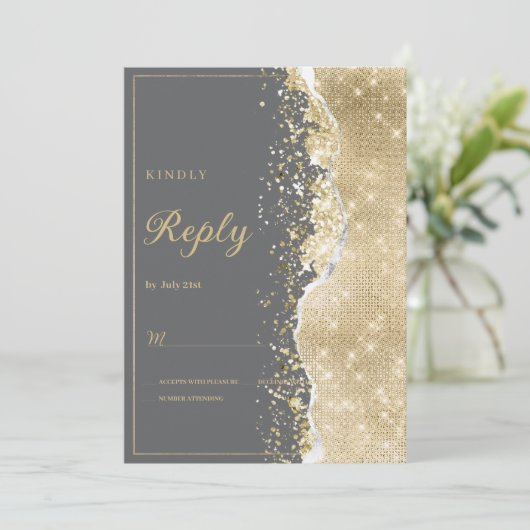Luxury grey gold glitter classy RSVP  招待状 (スタンド正面)