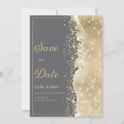 Luxury grey gold glitter classy Save the Date  招待状 (正面)