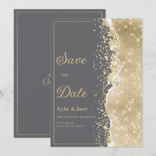 Luxury grey gold glitter classy Save the Date  招待状 (正面/裏面)