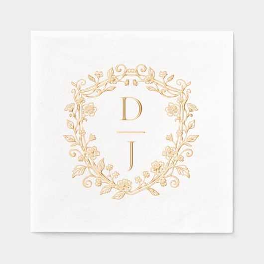 Luxury Hand Drawn Floral Vine Crest Monogram  箔ナプキン (正面)