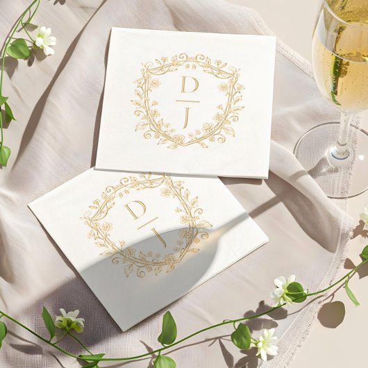 Luxury Hand Drawn Floral Vine Crest Monogram  箔ナプキン