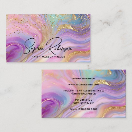 Luxury Holographic Colors Marble & Gold Glitter 名刺 (正面/裏面)