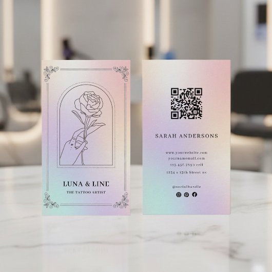 Luxury Holographic Tattoo Artist Card with QR Code 名刺