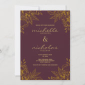 Luxury hue burgundy gold glitter floral wedding 招待状 (正面)