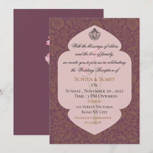 Luxury Indian Wedding Reception Invitation 招待状 (正面/裏面)