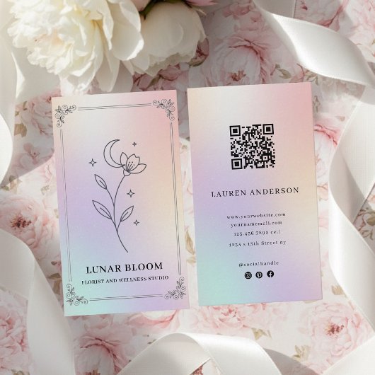 Luxury Iridescent Holographic Floral QR Code  名刺