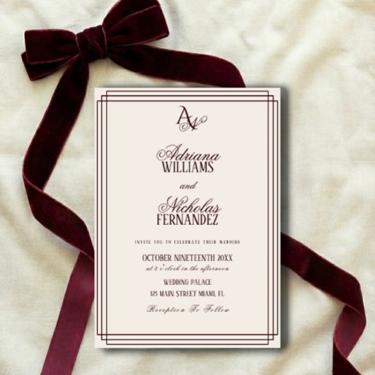 Luxury Ivory Burgundy Monogram Wedding 招待状