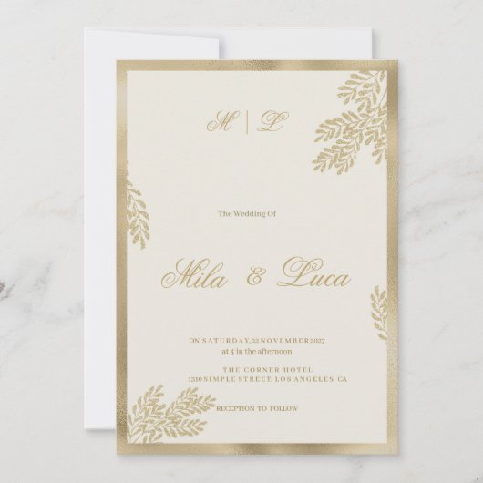 Luxury ivory gold glitter leaf floral Wedding  招待状 (正面)