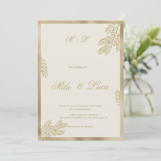 Luxury ivory gold glitter leaf floral Wedding  招待状 (スタンド正面)