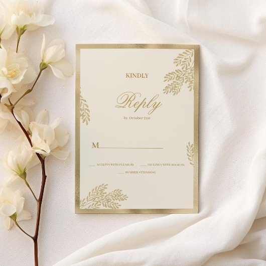 Luxury ivory gold glitter leaf floral Wedding RSVP 招待状