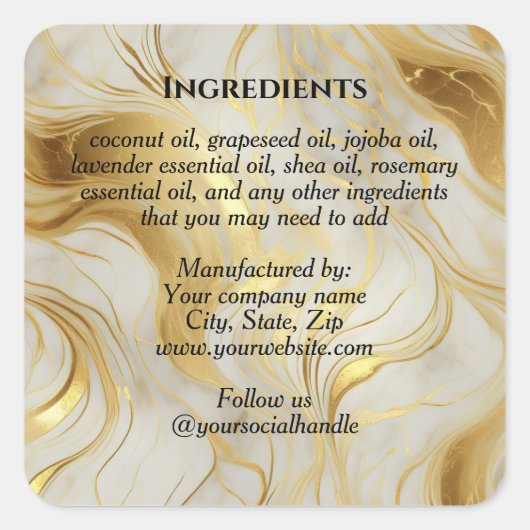 Luxury Ivory Marble & Gold Foil Ingredients Label スクエアシール (正面)