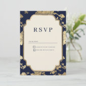 Luxury ivory navy blue gold floral RSVP 招待状 (スタンド正面)
