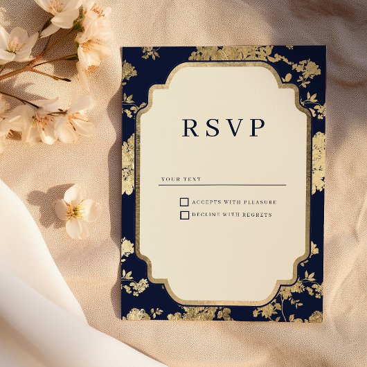 Luxury ivory navy blue gold floral RSVP 招待状