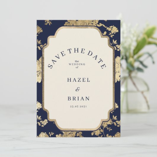 Luxury ivory navy blue gold floral Save the Date  招待状 (スタンド正面)