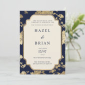 Luxury ivory navy blue gold floral Wedding  招待状 (スタンド正面)