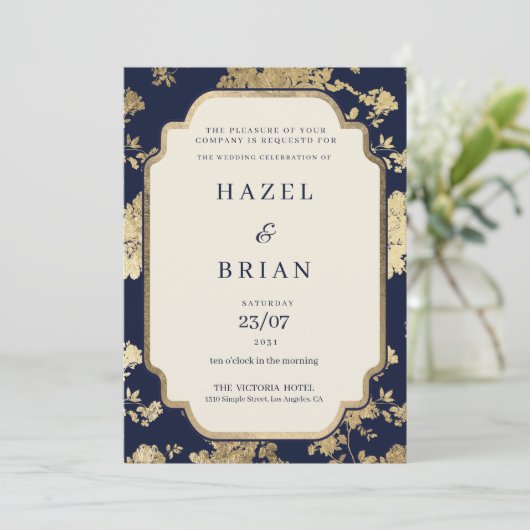 Luxury ivory navy blue gold floral Wedding  招待状 (スタンド正面)