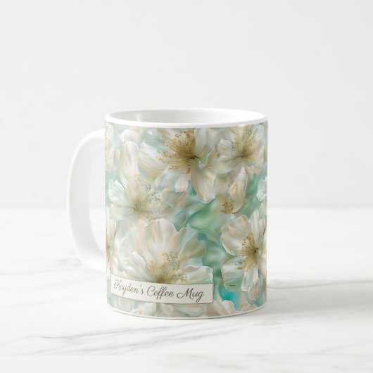 Luxury Jasmine Golden Sage Green Floral Script  コーヒーマグカップ (正面左)