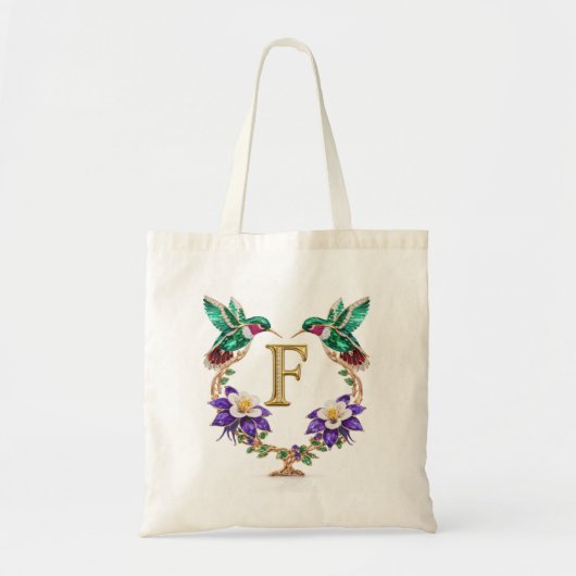 Luxury Jeweled Hummingbird Monogram F Wedding Tote トートバッグ (正面)