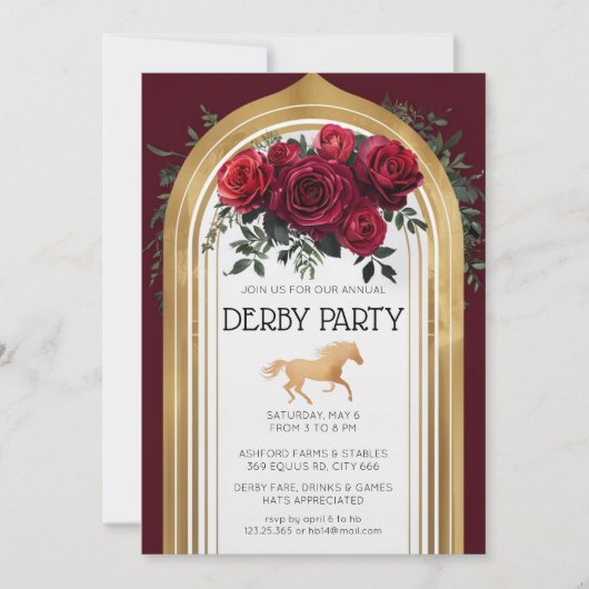 Luxury Kentucky Derby Invitation Gold Arch Red Ros 招待状 (正面)