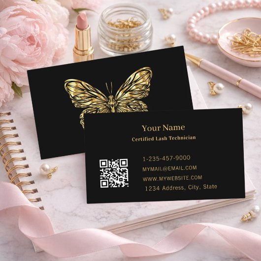 Luxury Lash Tech Black Gold Butterfly QR Code 名刺