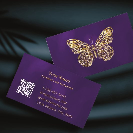 Luxury Lash Tech Purple Gold Butterfly QR Code 名刺