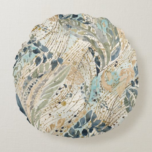 Luxury Leaves Pattern with Gold, Sage, Beige Color ラウンドクッション (正面)
