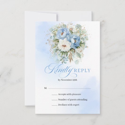 Luxury Light Blue Peonies Gold Wedding RSVP (正面)