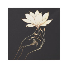 Luxury Line Art Hand with Golden Magnolia Bloom メタルプリント