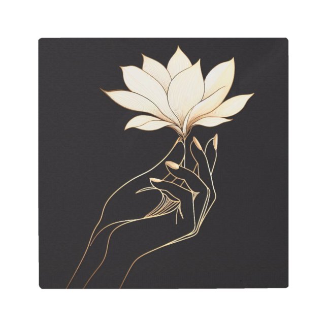 Luxury Line Art Hand with Golden Magnolia Bloom メタルプリント (正面)