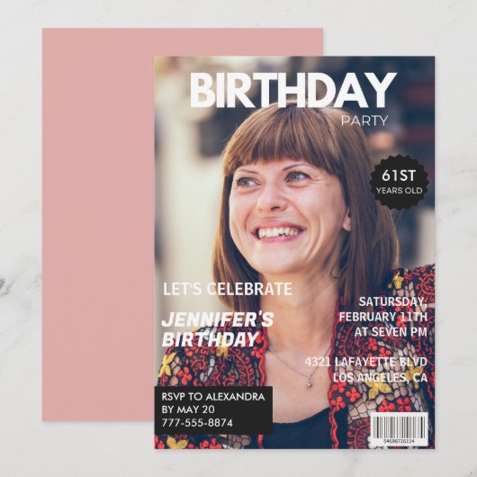 Luxury Magazineエレガント写真61歳の誕生日 招待状 (正面/裏面)