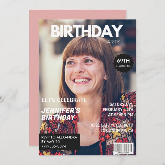 Luxury Magazine写真エレガント69th birthday 招待状 (正面/裏面)