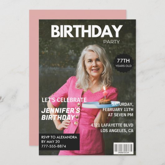 Luxury Magazine写真エレガント77th birthday 招待状 (正面/裏面)