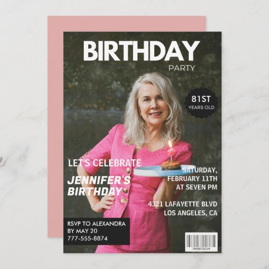 Luxury Magazine Photo エレガント 81st birthday 招待状 (正面/裏面)