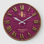 Luxury Magenta Crocodile Gold Elegant Monogram ラージ壁時計 (正面)