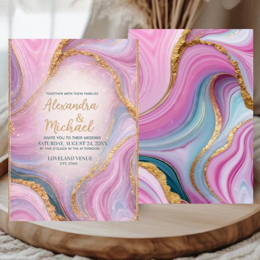 Luxury Marble Wedding Invitation Gold Pink Abstrac 招待状