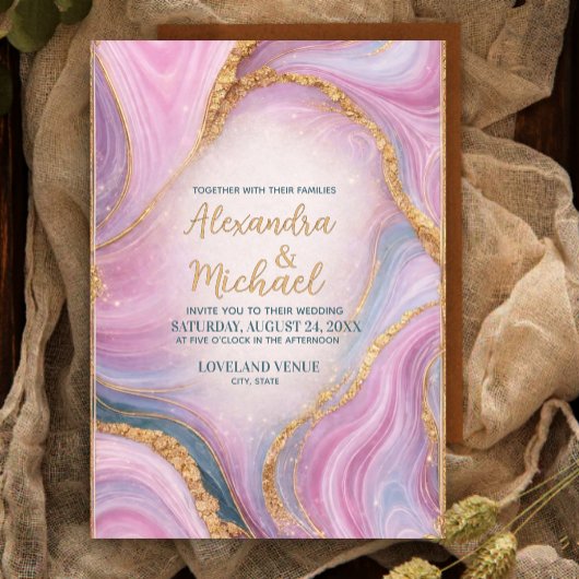 Luxury Marble Wedding Invitation Gold Pink Abstrac 招待状