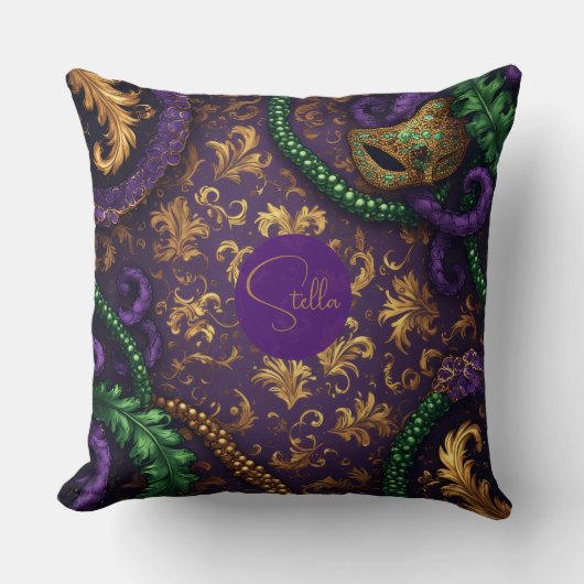 Luxury Mardi Gras Carnival Gold Fleur-de-Lis Bead  クッション (正面)