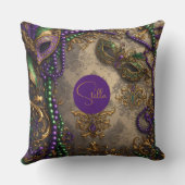 Luxury Mardi Gras Purple Gold Mask Beads Floral クッション (裏面)