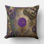 Luxury Mardi Gras Purple Gold Mask Beads Floral クッション (正面)