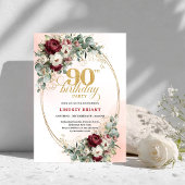 Luxury Maroon Peonies Eucalyptus 90th Birthday  招待状