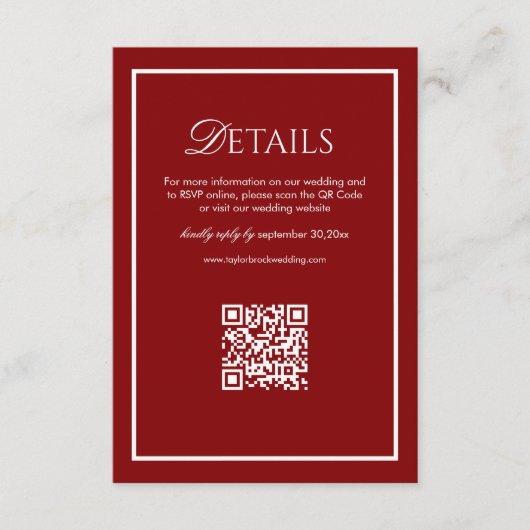 Luxury Maroon Wedding Details Qr Code エンクロージャーカード (正面)