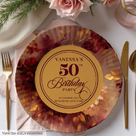 Luxury Marsala Blush Gold Floral 50th Birthday  ペーパープレート