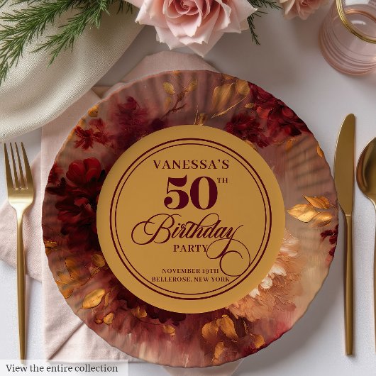 Luxury Marsala Blush Gold Floral 50th Birthday ペーパープレート