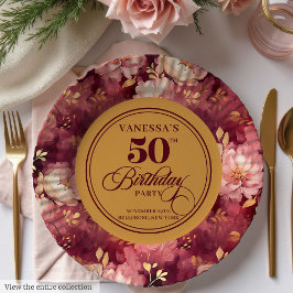 Luxury Marsala Blush Gold Floral 50th Birthday  ペーパープレート