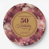 Luxury Marsala Blush Gold Floral 50th Birthday  ペーパープレート (正面)