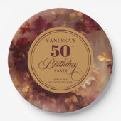 Luxury Marsala Blush Gold Floral 50th Birthday ペーパープレート (正面)