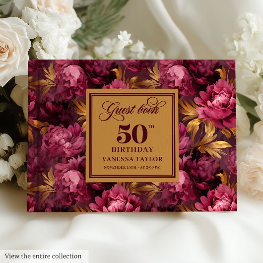 Luxury Merlot Blush Gold Floral 50th Birthday ゲストブック