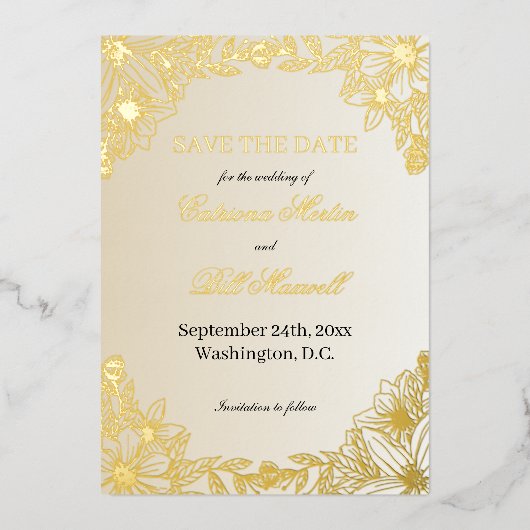 Luxury Metallic Gold Floral Save The Date Card 箔招待状 (正面)